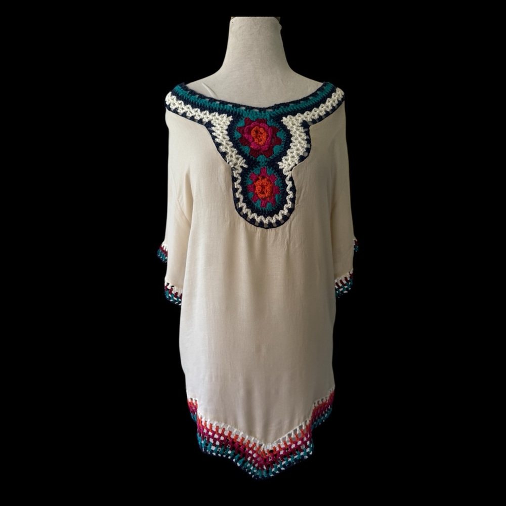 Hayden Cover Up Multi Crochet Trim M/L Tunic Boho Beach Coastal Resort